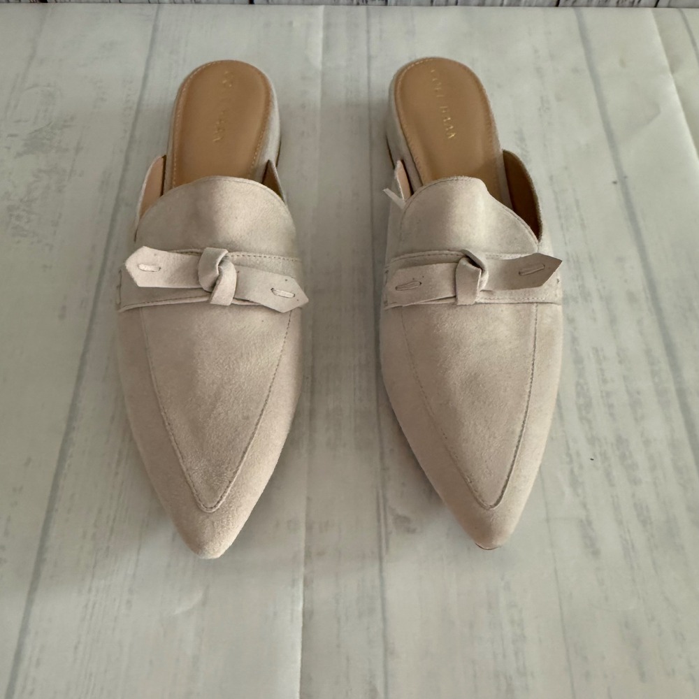 Cole Haan W30218 Beige Suede Pointed Toe Bow Mules Flats Womens 9.5B